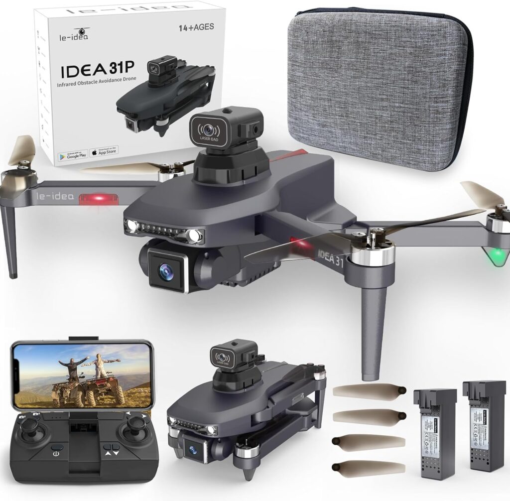 Dron con Cámara IDEA31P, Dron Profesional con Motor sin Cepillo 360° Función de Barrera Infrarroja Posicionamiento de Flujo Óptico WiFi RC Quadcopter de 5Ghz Adecuado para Principiantes con 2 Baterías 
